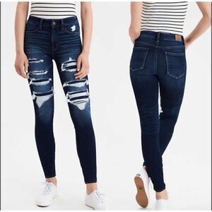 American Eagle Next Level Stretch Jeans Hi-Rise Jegging Dark Destroyed, 0 Short